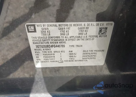 2015 GMC Sierra 1500 Sle z USA, uszkodzony, nr VIN 3GTU2UEC4FG446789